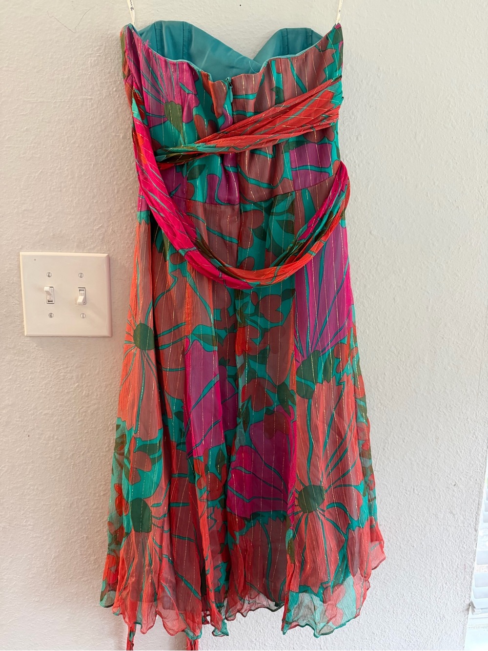Nanette Lepore Strapless Floral Chiffon Dress in Teal, Pink & Orange